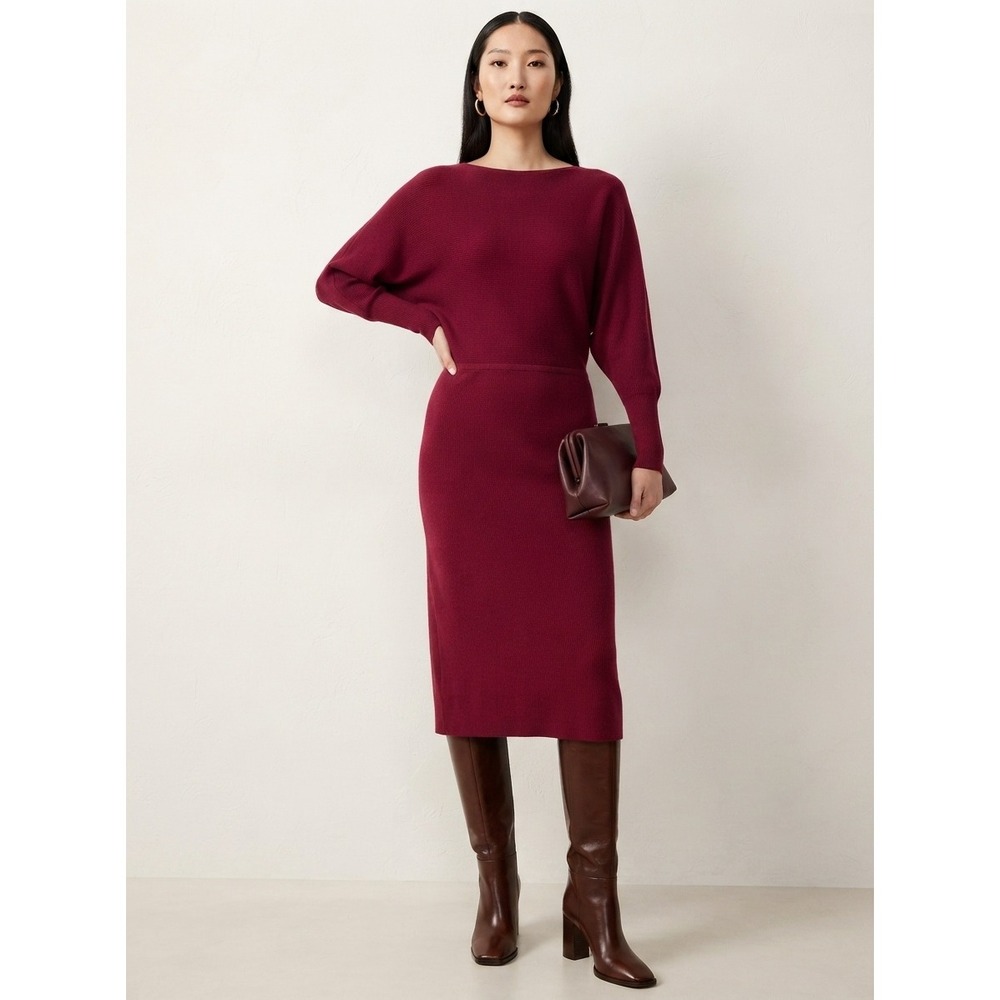 Banana Republic Ribbed Midi Sweater Dress Boat Neck Dolman Sleeve Wine XS